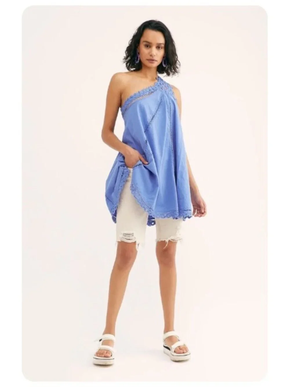 Free People Billie Battenburg One Shoulder Crochet Embroidered Dress sz M - Picture 4 of 10